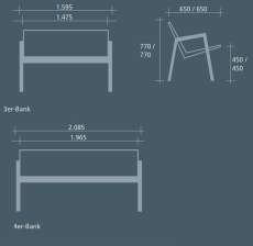 Technische Ansicht: Maße der 3er und 4er Sitzbank -Angle- (Art. 20854 und 20855)