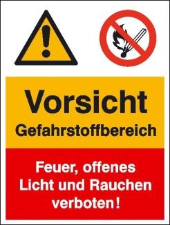 Kombischild mit Warnzeichen und Verbotszeichen, Vorsicht Gefahrstoffbereich ...