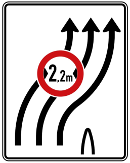 Verkehrszeichen 505-22 StVO, Überleitungstafel ohne Gegenverkehr, dreistreifig nach rechts