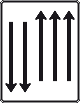 Verkehrszeichen 522-34 StVO, Fahrstreifentafel mit Gegenverkehr