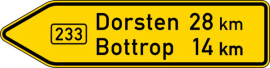 Verkehrszeichen 415-10 StVO, Pfeilwegweiser auf Bundesstraßen, linksweisend, Höhe 350 mm, einseitig, Schrifthöhe 105 mm, einzeilig