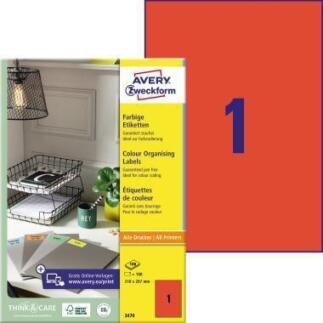 Avery Zweckform Universaletiketten 210x297mm, rot, grün, gelb, 100 St./Pack, selbstklebend