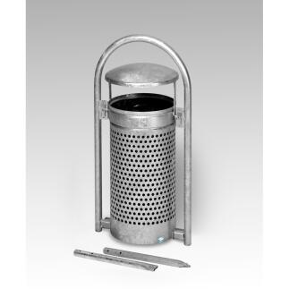 Abfallbehälter RB 001, 65 l, feuerverzinkt oder antiksilber, rund, Bodenbefestigung, solide