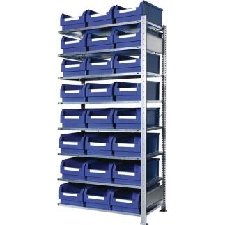 KAPPES Steckregal 200x100x50cm, Anbauregal, 8 verzinkte Stahlböden, 24 Sichtlagerkästen blau