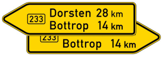 Verkehrszeichen 415-40 StVO, Pfeilwegweiser auf Bundesstraßen, doppelseitig, Höhe 350 mm, Schrifthöhe 105 mm, einzeilig