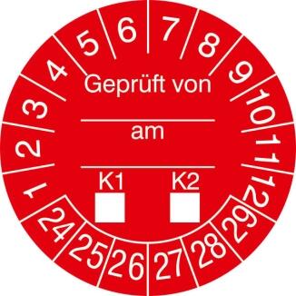 Prüfplaketten mit Jahresfarbe (6 Jahre), 2022/2027-2029/2034, Geprüft von... am..., 15er-Bogen