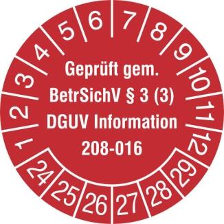 Prüfplaketten mit Jahresfarbe, 2022/2027-2029/2034, Geprüft gem. BetrSichV ... DGUV Information