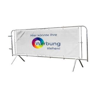 Absperrgitter Typ CL aus Stahl, Länge 2375 mm, angeschweißte Füße, inkl. Werbebanner 4-Farb-Druck
