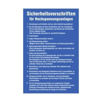 Sicherheitsaushang, Sicherheitsvorschriften für Hochspannungsanlagen