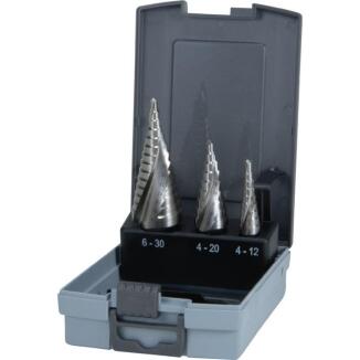 Stufenbohrersatz 4-12/4-20/4-30mm HSS oder HSS-Co5, 3-teilig, Kunststoffkassette RUKO
