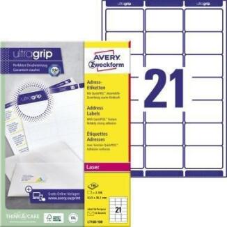 Avery Zweckform Adressetiketten ultragrip, 2.100 St., selbstklebend, A4, für Laserdrucker