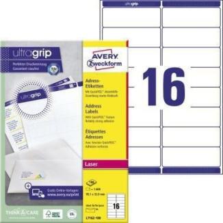 Avery Zweckform Adressetiketten ultragrip, 99,1x33,9mm, 1.600 St., selbstklebend, A4, weiß
