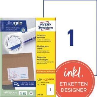 Avery Zweckform Universaletikett 3478-200, 220 St., A4, ultragrip®, selbstklebend, weiß