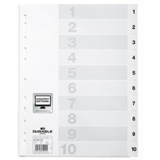 DURABLE Register 616202, 651110, DIN A4, 1-10, geprägte Taben, weiß oder grau, Polypropylen
