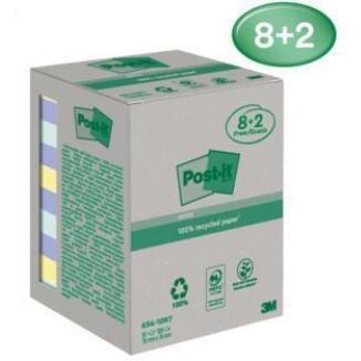Post-it Recycling Haftnotizen 76x76mm, 100 Bl./Block, 10 Stk, 100% recyceltes Papier, sortiert