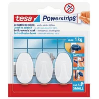 tesa Powerstrips Haken small oval, weiß, 3 St./Pack, inkl. 4 Powerstrips, 1 kg Tragfähigkeit