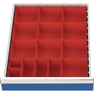 Schubladenunterteilung, 15 Kleinteilekästen, für Innenmaße B 450 x T 600 mm, verzinkt,