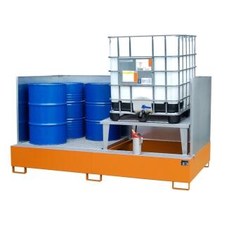 Auffangwanne AWA 21/SW, 3mm Stahlblech,für IBC 1000l, mit Abfüllaufsatz und Spritzschutzwand