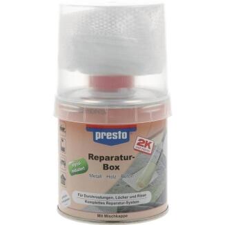 PRESTO Reparaturbox honigfarben 250g, Polyesterharz, Härter, Glasfaservlies, für Metall, Holz, Beton