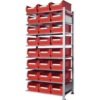 KAPPES Steckregal 200x100x50cm, Anbauregal, 8 verzinkte Stahlböden, 24 Sichtlagerkästen rot