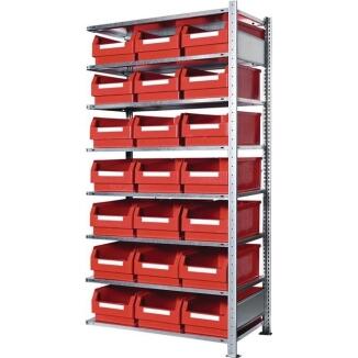KAPPES Steckregal 200x100x50cm, Anbauregal, 8 verzinkte Stahlböden, 21 Sichtlagerkästen rot