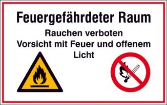 Modellbeispiel: Hinweisschild, Feuergefährdeter Raum, Rauchen verboten, Vorsicht mit Feuer und...