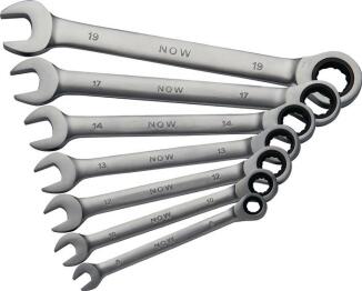 Knarrenringmaulschlüsselsatz 7-tlg. SW 8-19mm, gerade Form, verchromt, 72 Zähne, CV-Stahl, NOW