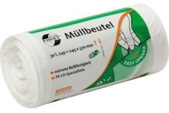 FIRST M&uuml;llbeutel 30,5x85 cm, 70 l, 15&mu;m, LDPE, wei&szlig;, 50 St./Pack, Spender, Abroller,
