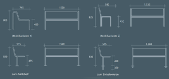 Technische Ansicht: Maße der Sitzbank -Ercole- (Art. 20887 und 20888)