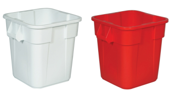 Modellbeispiele: Abfallcontainer -BRUTE- Rubbermaid in weiß und rot (links: Art.12488, rechts: Art.12490)