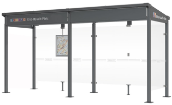 Modellbeispiel: Buswartehalle -Milano-, Breite 5040 mm, 1 Seitenverglasung, beschrifteter Wetterschutz auf Anfrage (Art. 37606-09)