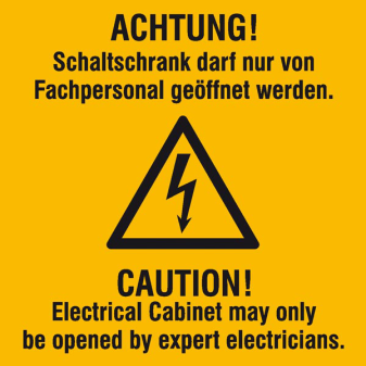 Elektrokennzeichnung / Warnkombischild, ACHTUNG! Schaltschrank darf nur ..., 2-sprachig