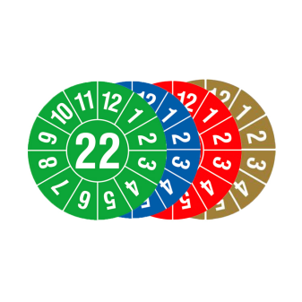 Prüfplaketten mit Jahresfarbe (1 Jahr), 2022-2026, Jahreszahl 2 oder 4-stellig, Bogen