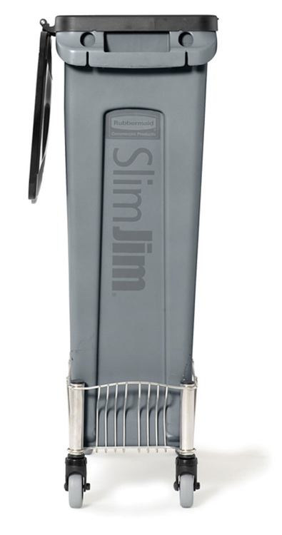 Anwendungsbeispiel: Abfallbehälter -Slim Jim- in grau mit Scharnierdeckel und Fahrwagen - Zubehör nicht im Lieferumfang