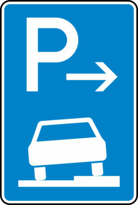 Verkehrszeichen 315-57 StVO, Parken auf Gehwegen halb in Fahrtr. rechts (Ende)