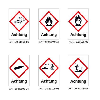 GHS-Gefahrstoffsymbole, Folie (selbstklebend), mit Aufschrift: Achtung