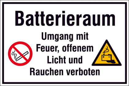 Hinweisschild zur Betriebskennzeichnung, -Batterieraum Umgang mit Feuer, ...-