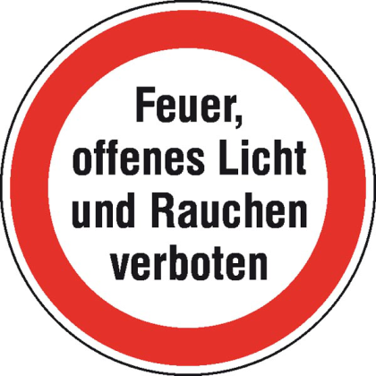 Hinweisschild zur Betriebskennzeichnung -Feuer, offenes Licht und Rauchen verboten-