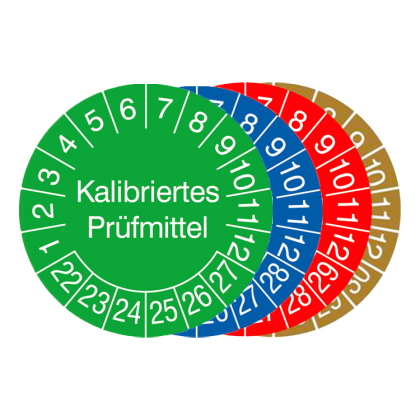 Prüfplaketten mit Jahresfarbe (6 J.), 2022 / 2027 - 2025 / 2030, Kalibriertes Prüfmittel, 15er-Bogen