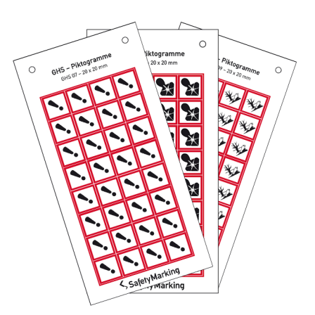 GHS-Gefahrstoffsymbole aus Folie (selbstklebend) auf Bogen, 32 Stk. á 20 x 20 mm