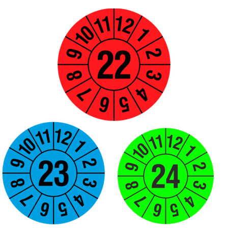 Prüfplaketten mit Jahresfarbe (1 Jahr), 2022-2024, Jahreszahl 2-stellig, Rolle
