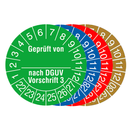 Prüfplaketten mit Jahresfarbe, 2022 / 2027 - 2025 / 2030, Geprüft von... nach DGUV Vorschrift 3