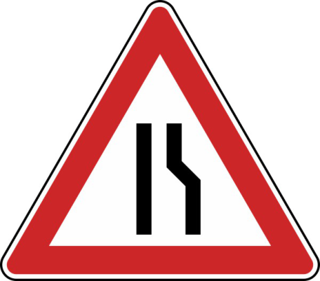 Verkehrszeichen 121-10 StVO, Einseitig verengte Fahrbahn, Verengung rechts