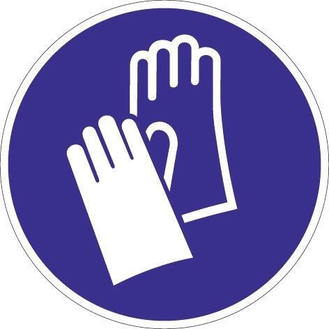 Schild mit Gebotszeichen Handschutz benutzen