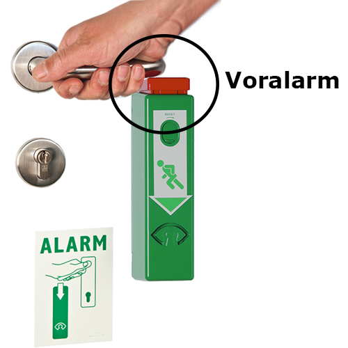 Anwendungsbeispiel mit Voralarm - sobald die Türklinke den Voralarm herunterdrückt, wird ein Alarm ausgelöst, beim Loslassen verstummt dieser wieder