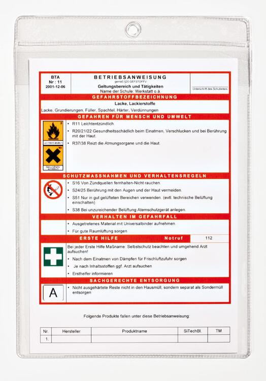 Anwendungsbeispiel mit Vordruck für Betriebsanweisungen (siehe Zubehör):