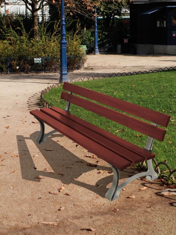 Sitzbank 'Moro' mit Rückenlehne, aus Stahl, Sitz- und Rückenfläche aus Holz, zum Aufdübeln