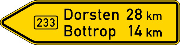 Verkehrszeichen 415-10 StVO, Pfeilwegweiser auf Bundesstraßen, linksweisend, Höhe 600 mm, einseitig, Schrifthöhe 140 mm, zweizeilig