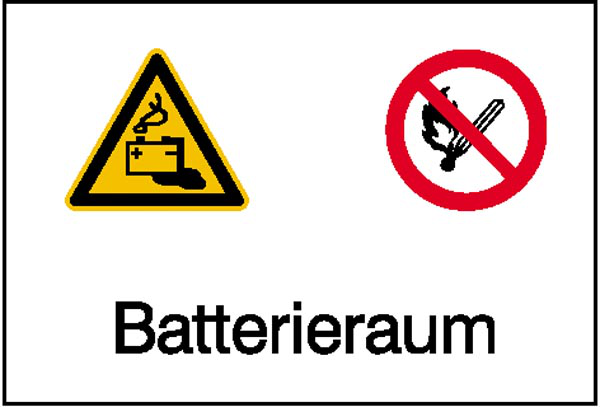 Elektrokennzeichnung / Kombischild mit Warnzeichen und Verbotszeichen, Batterieraum