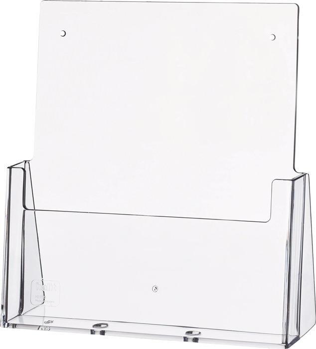 Tischprospekthalter HELIT, 1 Fach DIN A4 hoch, freistehend, glasklarer Kunststoff, wandmontierbar